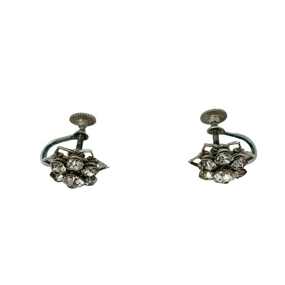 Vintage 1950s Tiny Floral Silver Rhinestone Screw Back Earrings - Picture 3 of 4